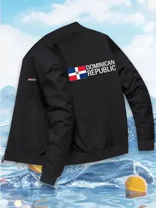 Men's Baseball Jacket, Vintage American Style Long Sleeve Zipper Coat, Dominican Republic Flag Colors, Polyester Outerwear, Casual, Geometric, Fitted