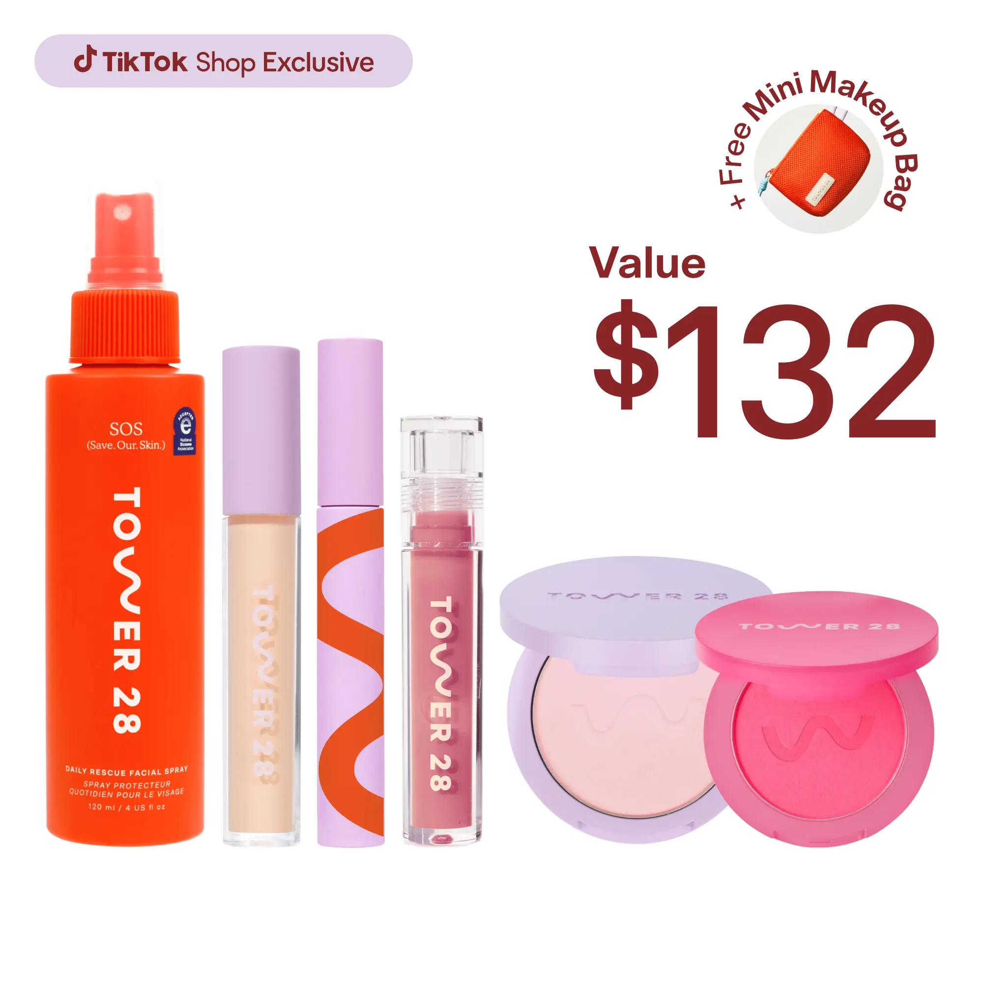 Tower 28 Full Routine 7-Piece Set: SOS Spray, Concealer, Setting Powder, Lip Oil, Blush, Mascara & FREE Makeup Bag