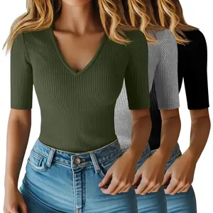 3 Pack Women's Half Sleeve Top Elbow Length Ribbed Cotton T Shirt Women V Neck Summer Tee Slim Fit Casual Blouses