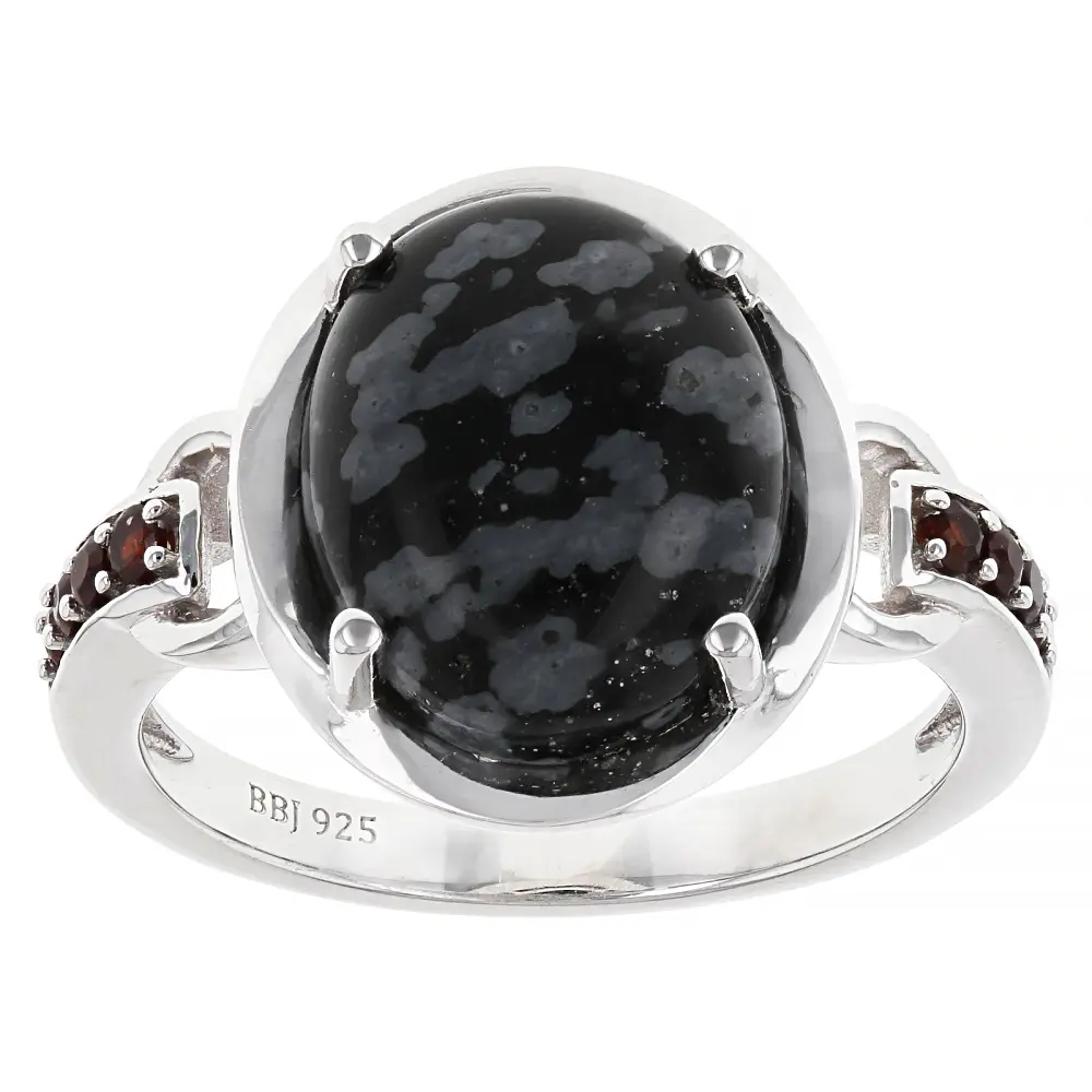 JTV Natural Crystal Gemstone Ring, Rhodium-Plated Sterling Silver Ring with 12x10mm Oval Red Garnet and Black Snowflake Obsidian, 0.10ctw, Oval Shape