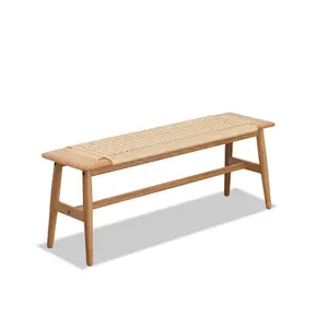31.5*11.82*15.98 Inch Natural Oak Wood Dining Bench, Hand Woven Cane Seat Solid Wood Bench, Breathable Ergonomic Leisure Bench Space Saving Multifunctional Accent Furniture for Dining Room Bedroom Entryway Bathroom