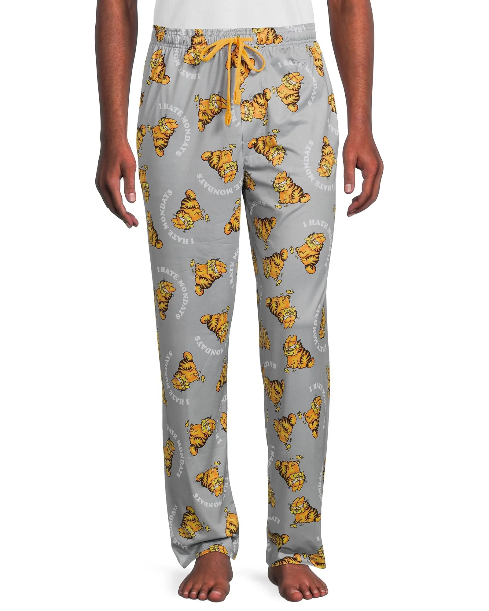 Men's Garfield Pajama Pants, "I Hate Mondays" Graphic Print, Soft Stretch Polyester Lounge Bottoms with Pockets & Drawstring, Fabric, Menswear, Elastic, Loungewear, Casual, Nightwear, Stretchy