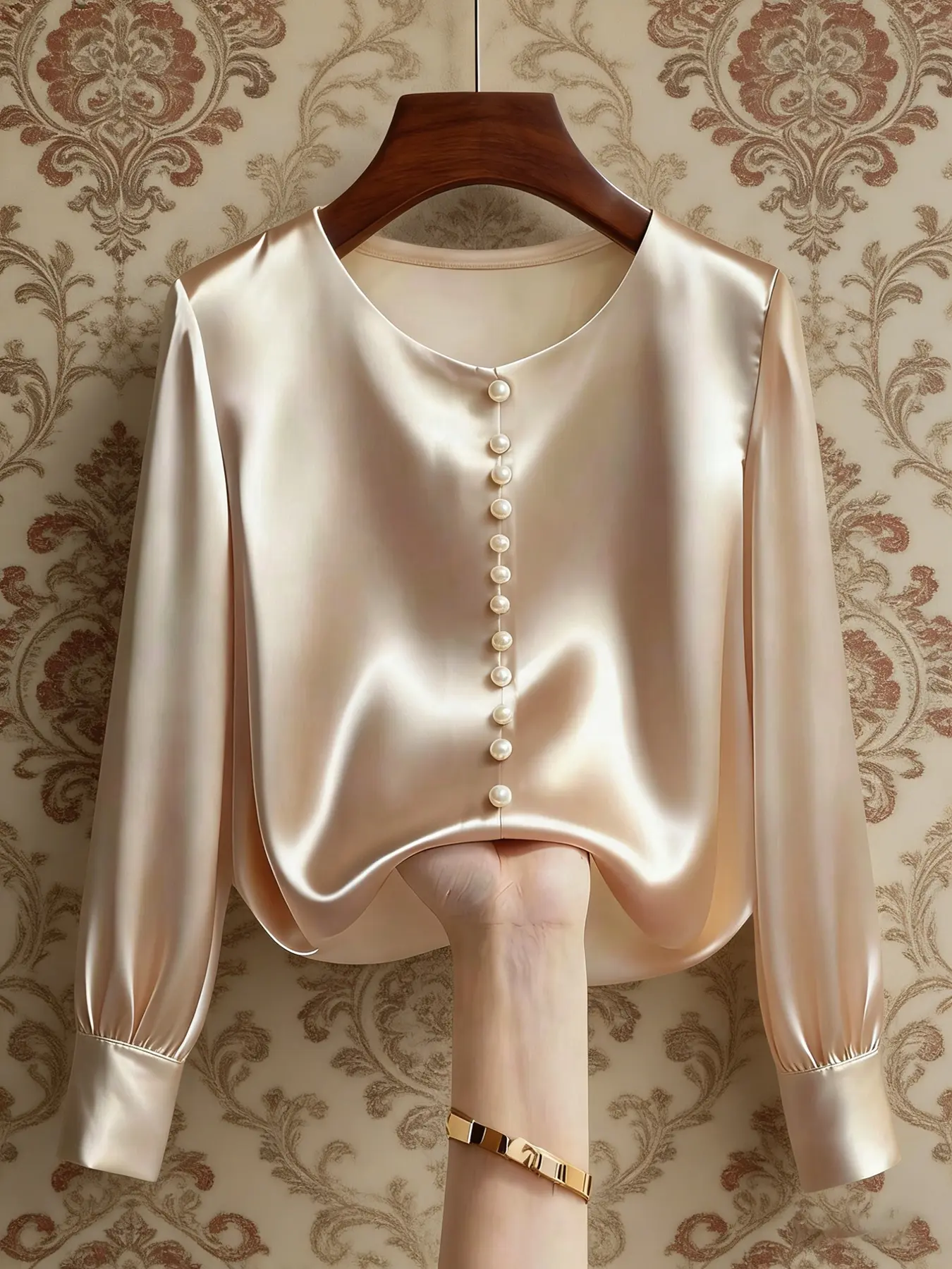 A women's casual fashion apricot round-neck long-sleeved pearl-buttoned commuter Blouse top, suitable for all seasons, ideal for home, indoor, and outdoor wear