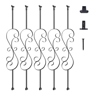 VEVOR Staircase Metal Balusters, 44''x 1/2 Galvanized Steel Decorative Banister Spindles, 5 Pack S Shape Deck Baluster, Hollow Satin Black Spiral Stair Railing with Shoes Screws