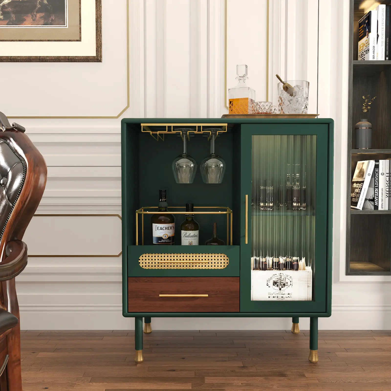 [summerwins] HLR Emerald Green Bar Cabinet with Gold Accents, Rattan Detail, 37" Dual-Zone Storage & Pull-Out Drawer – Classic Style Furniture for Apartment, Studio Apartment Furniture, Ideal for Home Entertainers, Living Room Modern Decor su