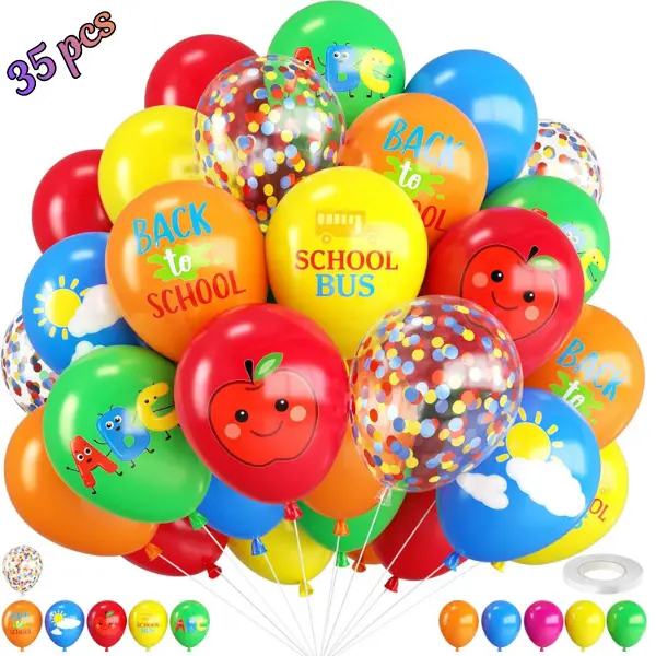 35PCS Back to School Balloons, School Bus, Apple & ABC Printed Balloons with Confetti Balloons, First Day of School Classroom Party Decorations