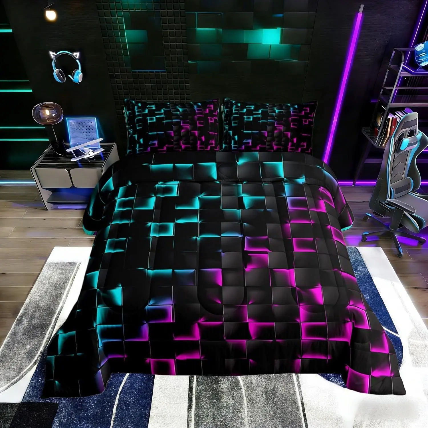 Feelyou Geometric Checkered Comforter Set - Neon Teal Purple Abstract Ombre Plaid Grids Black Bedding, Multi-Size for Gamer Rooms, Lightweight Warmth, Travel-Friendly, Set Includes Duvet-Quilt Components