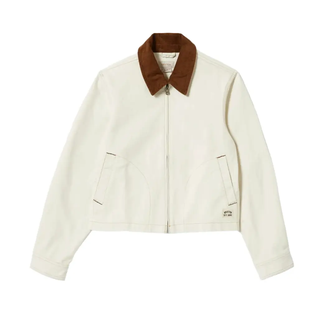 Brixton Women's Mechanic Cotton Canvas Jacket in Egret White, a Vintage Workwear Style with a Zip-Up and Corduroy Collar, Zipper, Garage, Tops, Everyday
