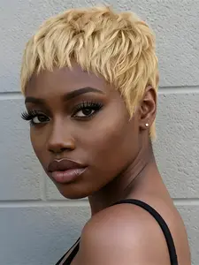 Women Short Straight Layered Human Hair Wig, Machine Made Pixie Cut Wig for Daily Party Cosplay Gift Use, 27 Color Options Available, Straight Layered Wigs