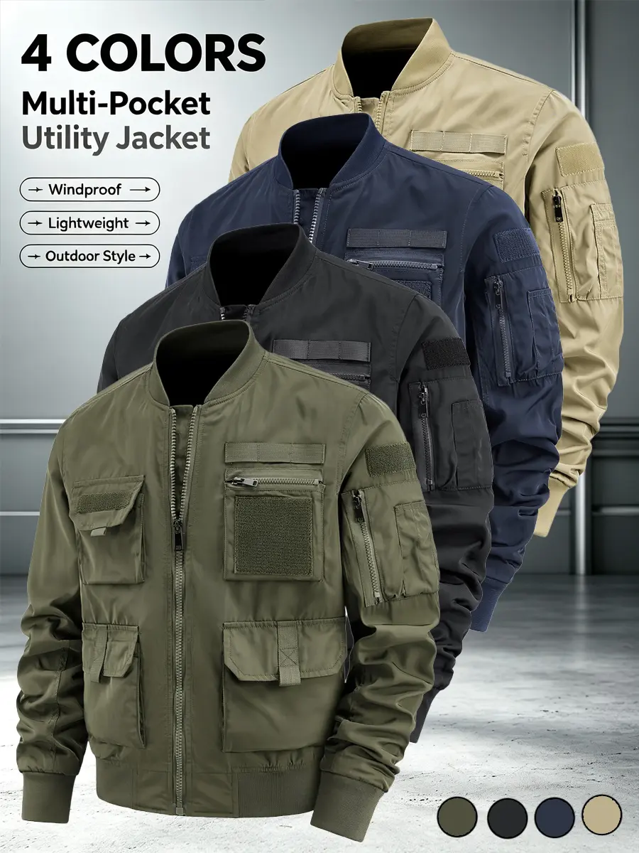 2026 Men’s Pilot Bomber Jacket - Long Sleeve Menswear Coats, Lightweight Baseball Collar Biker Outerwear with Functional Multi-Cargo Pockets, Casual Outdoor Stylish Utility Wear Blending Classic Flight Aesthetics & Modern Street Fashion