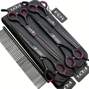 4-in-1 Professional Dog Grooming Scissors Set with Comb - Heavy-Duty Right-Handed Thinning, Curved, Chunkers & Straight Scissors Suitable for Professional Groomers, Dog Trimming (4pcs)