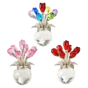 Handmade Crystal Rose Flower Figurine Ornaments with Round Vase, Romantic Gift for Women, Perfect for Valentine's Day, Mother's Day, Birthday