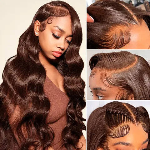 Bling Hair Chocolate Brown 13x6 Body Wave Lace Front Wigs Human Hair HD Transparent Burmese Curly Lace Frontal Wig 180% Density Deep Wave Human Hair Wigs Pre-Plucked Hairline with Baby Hair  Color #4 Long Brown Wigs for Women