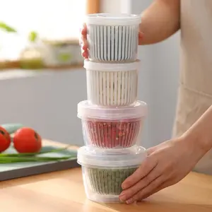 4 Pcs Vegetable Storage Box, Ginger Garlic Onion Keep Fresh Container with Drain Basket Double Layer Plastic Transparent Food Drainage Sealing Box