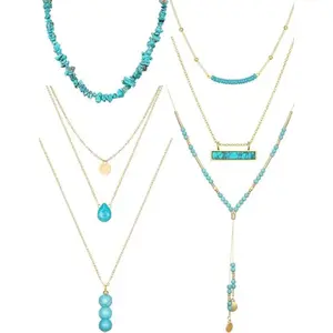 6 Pcs Turquoise Jewelry for Women Western Jewelry Boho Necklaces Gold and Turquoise Necklace Suede Choker Long Chain Tassels outdoorfun