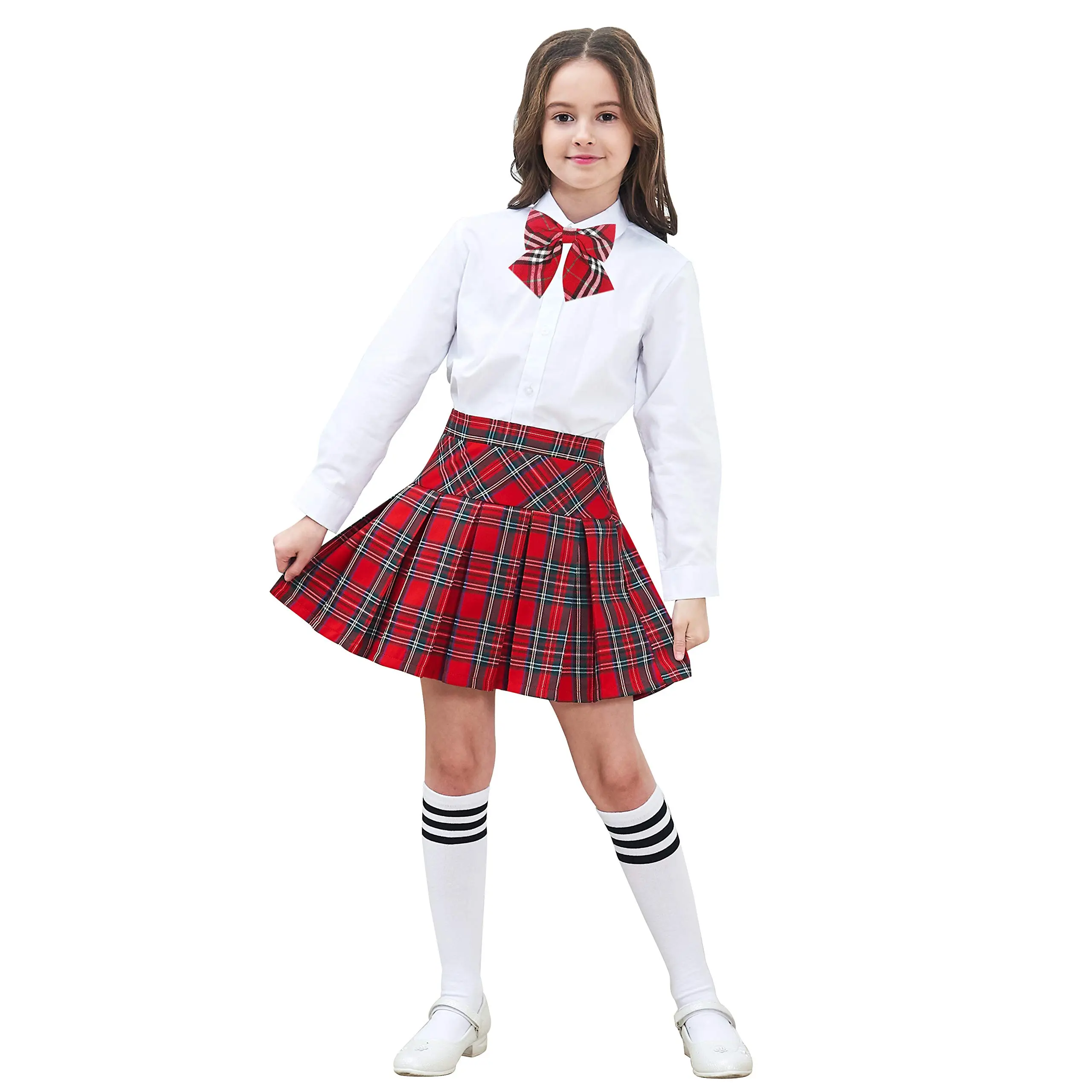 SUNNY FASHION Girls' Preppy Tartan Print Tiered Pleated Polyester Mini Skirt - 11-12 Years, Elastic Waist, Zip Closure, School Uniform, Casual Chic, Holiday Parties Birthdays, Above Knee, Low Tumble Dry