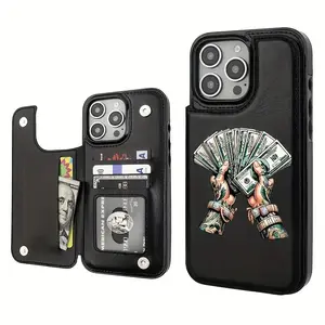 A leather card case phone case with a pattern of holding money, suitable for iPhone 17 Air/16 Plus/15 Pro Max/14 Pro/13/12/11/XS Max/X phone case, the best choice for holiday gifts for family, friends, lovers, boyfriends, girlfriends KBPK01