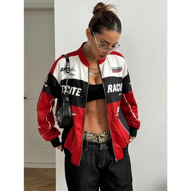 Jacket Long Sleeve Zipper Racing Jacket Color Block Y2K Style Coat Vintage Streetwear