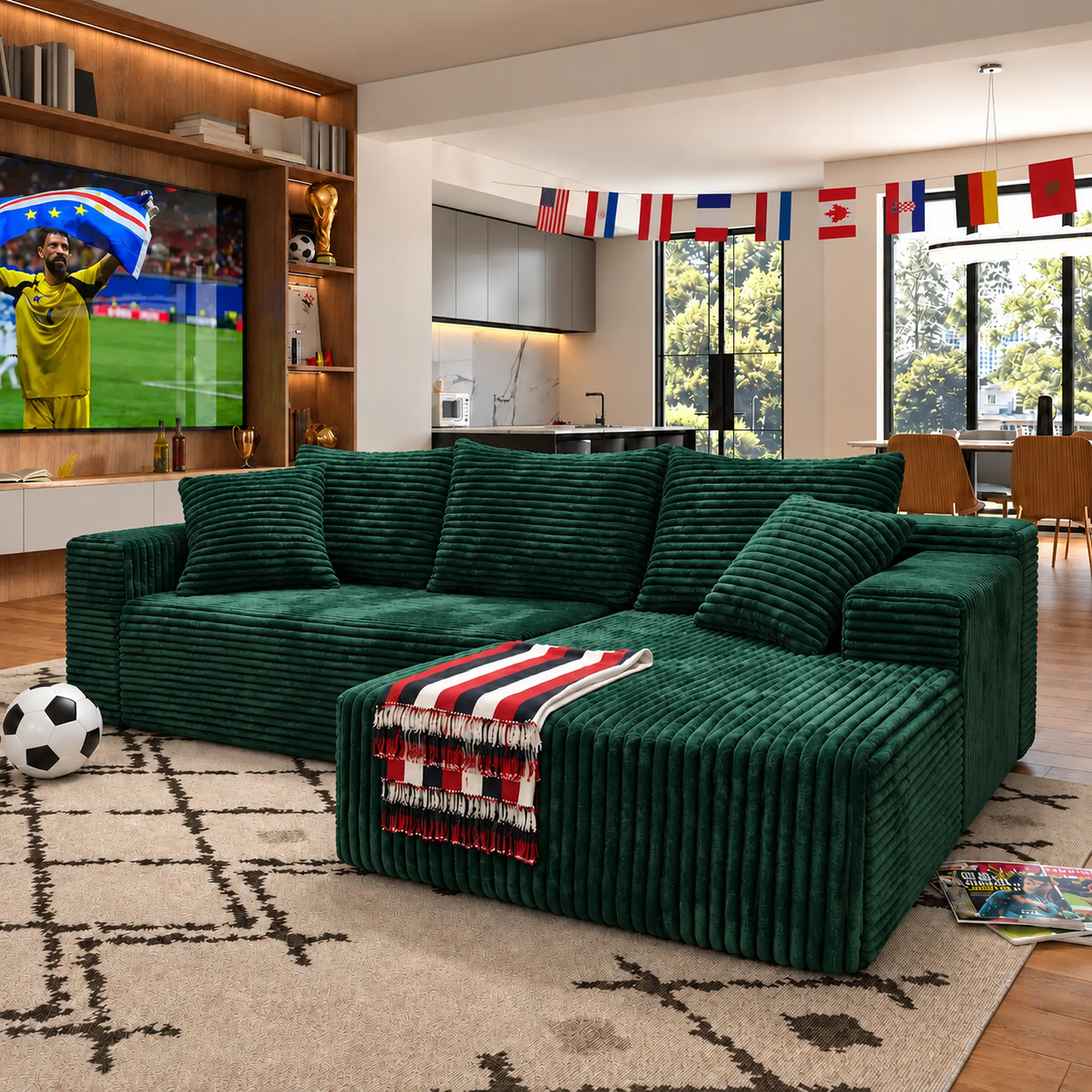 96" Green Minimalist L-Shaped Sectional Couch with Fixed Arms, Modern Chenille Boneless Cloud Sofa, No Assembly, Oversized Modular Deep Seat Striped Set, Flexible Configuration for Living Room Sofas & Furniture, Sofas Living Room