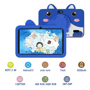 7-inch children's tablet Android 13 4GB RAM 64GB ROM Q version cute little rabbit silicone protective case, parents can control software education learning program with WIFI function, anti fall silicone protective case, multi-color optional