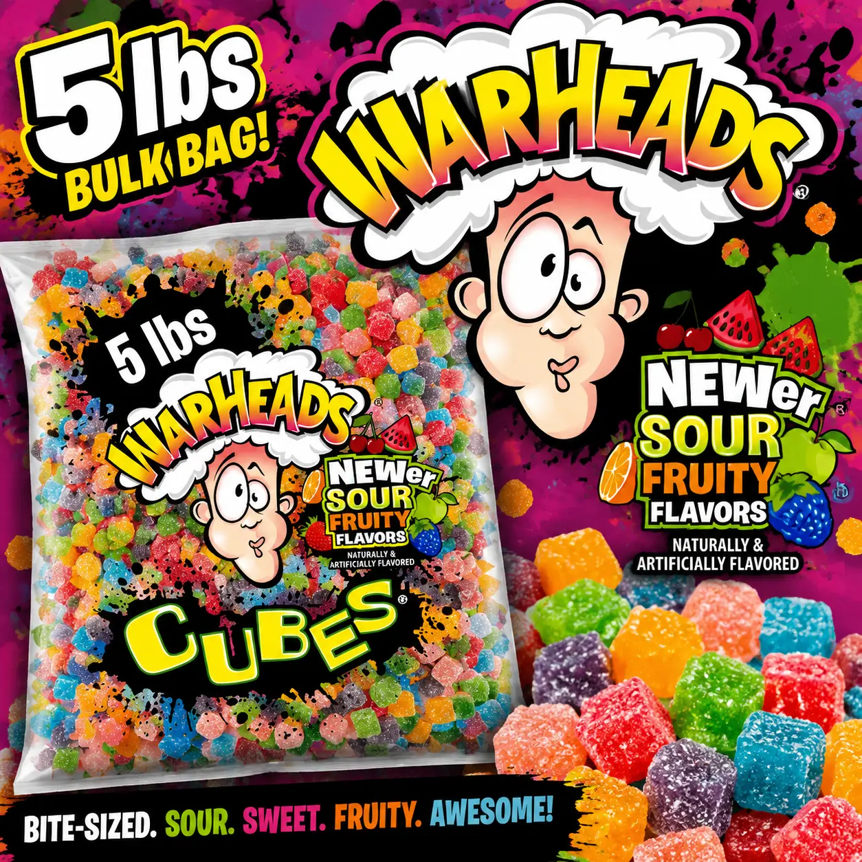 Warheads Sour Cubes Candy 5 lb Bulk Bag  Extreme Sour Chewy Candy Cubes | Assorted Fruity Flavors for Parties & Candy Buffets