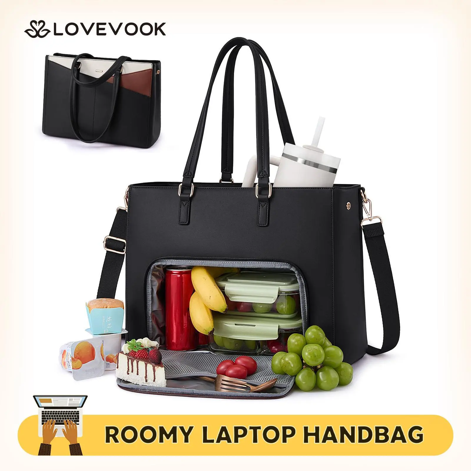 LOVEVOOK Lunch Tote Bag for Women,3 in 1 Work Bag with Leakproof Cooler Compartment, 15.6inch Laptop Bag with Large Cup Holder for Office, College, Casual, Beige-black-brown