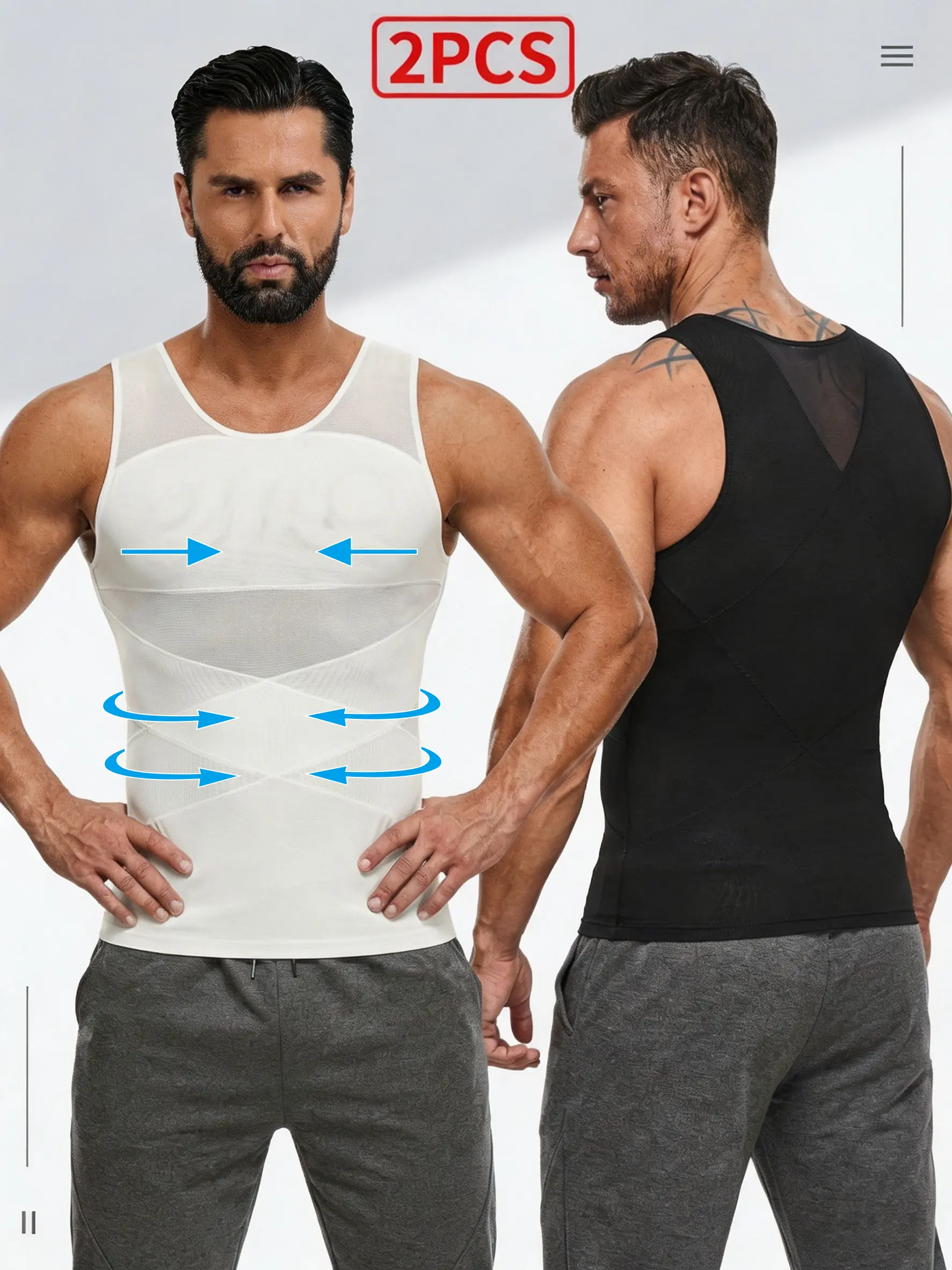 Men's 2PCS Seamless Compression Shapewear - Tummy Control, Fitted Activewear, Plus Size Gynecomastia Sports Vest
