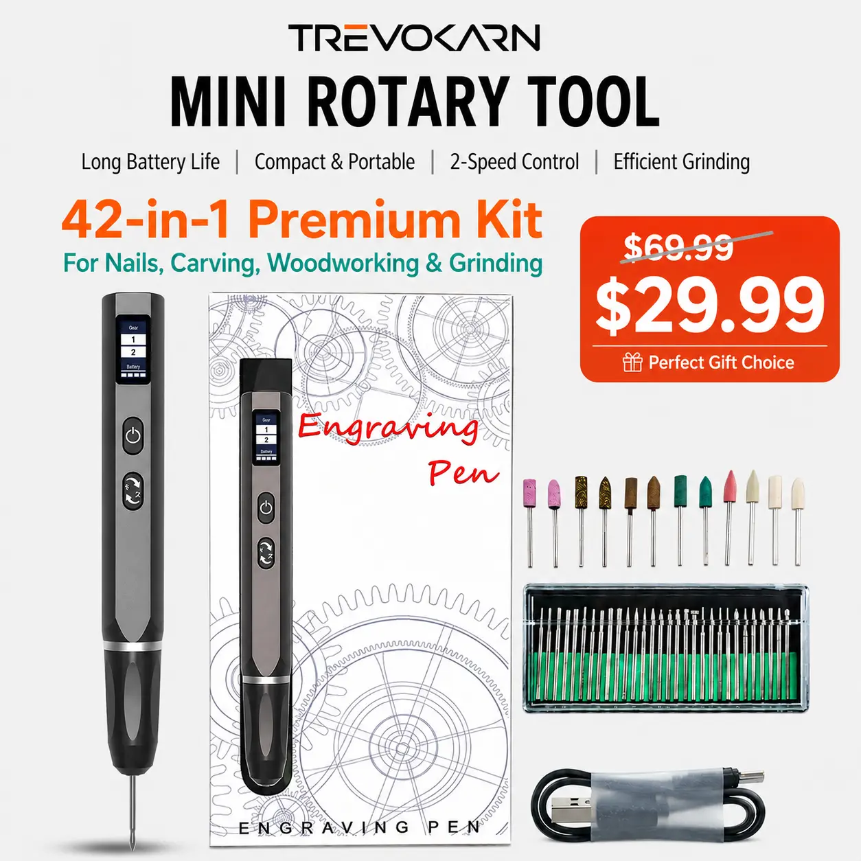 【New Release Deal】Cordless Lightweight Aluminum Alloy Engraving Pen Kit with 30 Diamond Bits, USB-C Rechargeable Rotary Tool with OLED Display, 2-Speed 15000-20000RPM, Batteries Included for Wood Metal Glass Personalization & Multiple Materials DIY