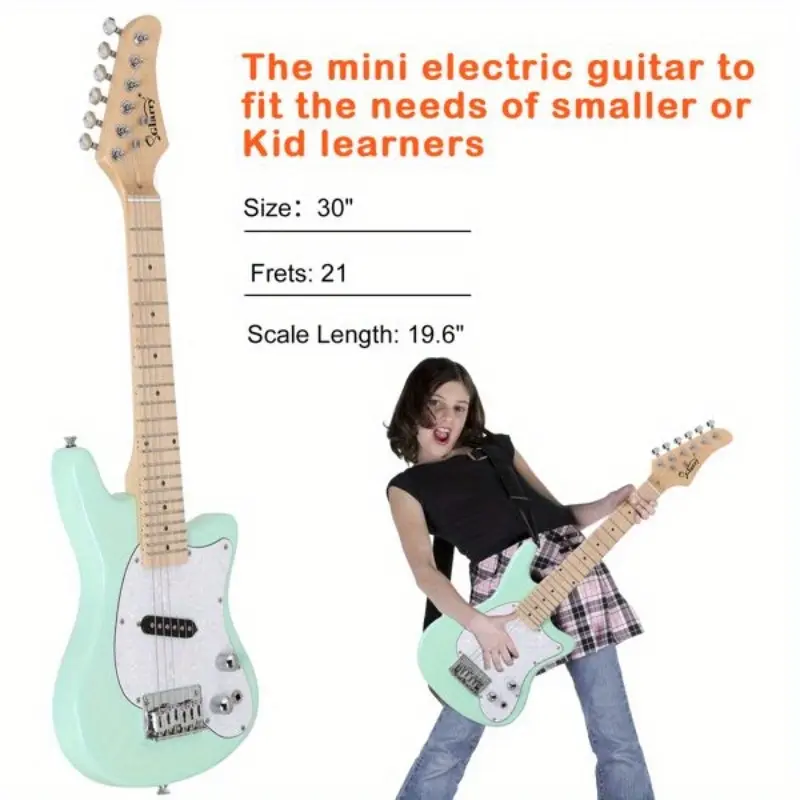 30in Maple Wood Mini Electric Guitar Kit for Kid Learners - Light Green, Includes 5W Amplifier, Bag, Strings, Shoulder Strap, Guitar Pick, Cord, Wrench Tool (Smaller Size for Kid Learners)