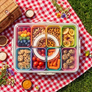 Divided Snack Box with 8 Removable Compartments Handle Lid Stackable Design BPA-Free Food-Grade Plastic, Transparent Sturdy, Portable Organizer Tin for Charcuterie Fruits Kitchen Utensils.