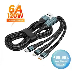 3-in-1 120W 6A Type C Super Fast Charging Cable, Micro USB Type-C Phone Charger, Data Cable Compatible with iPhone 14 13 12 11 X Pro Max