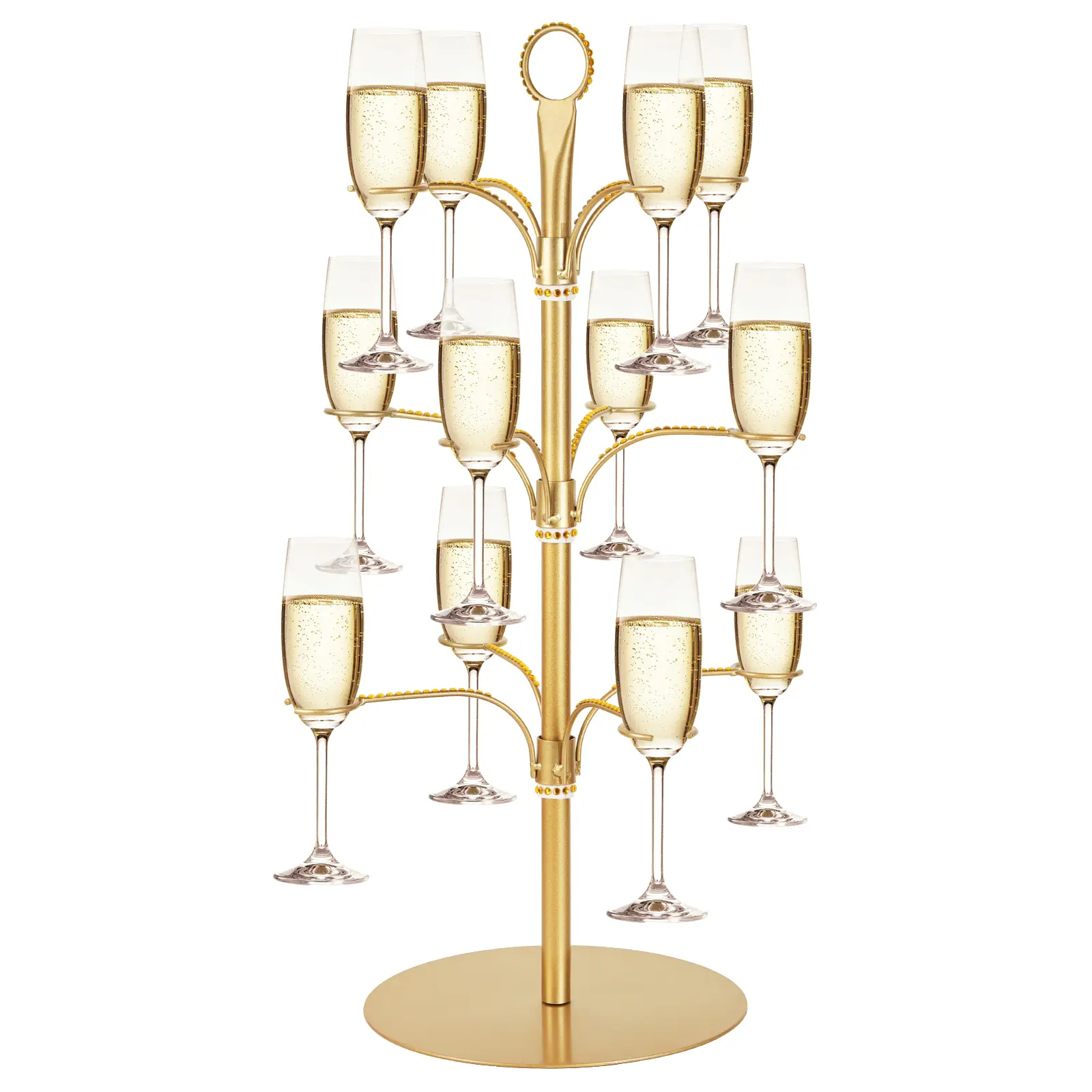 Gold Finish 3-Tier Revolving Wine Rack - 12-Holder Rust-Proof Metal Ring-Shaped Stand, Portable Storage for Champagne Tower, Wine Glasses - Ideal for Holiday Entertaining, Home Bars, Revolving Wine Racks