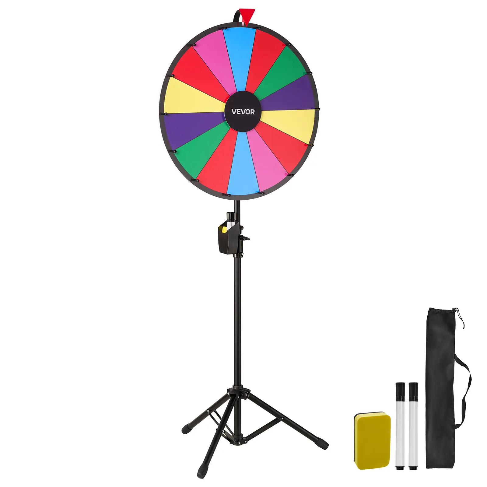 VEVOR 24-in Vibrant Game Spinning Prize Wheel, 14-Slot Roulette with Tripod, Adjustable Height, Rewritable Board, 2 Markers, 6 Colors, Easy Assembly for Carnival, Classrooms (12 Years Above)#BackToSchool