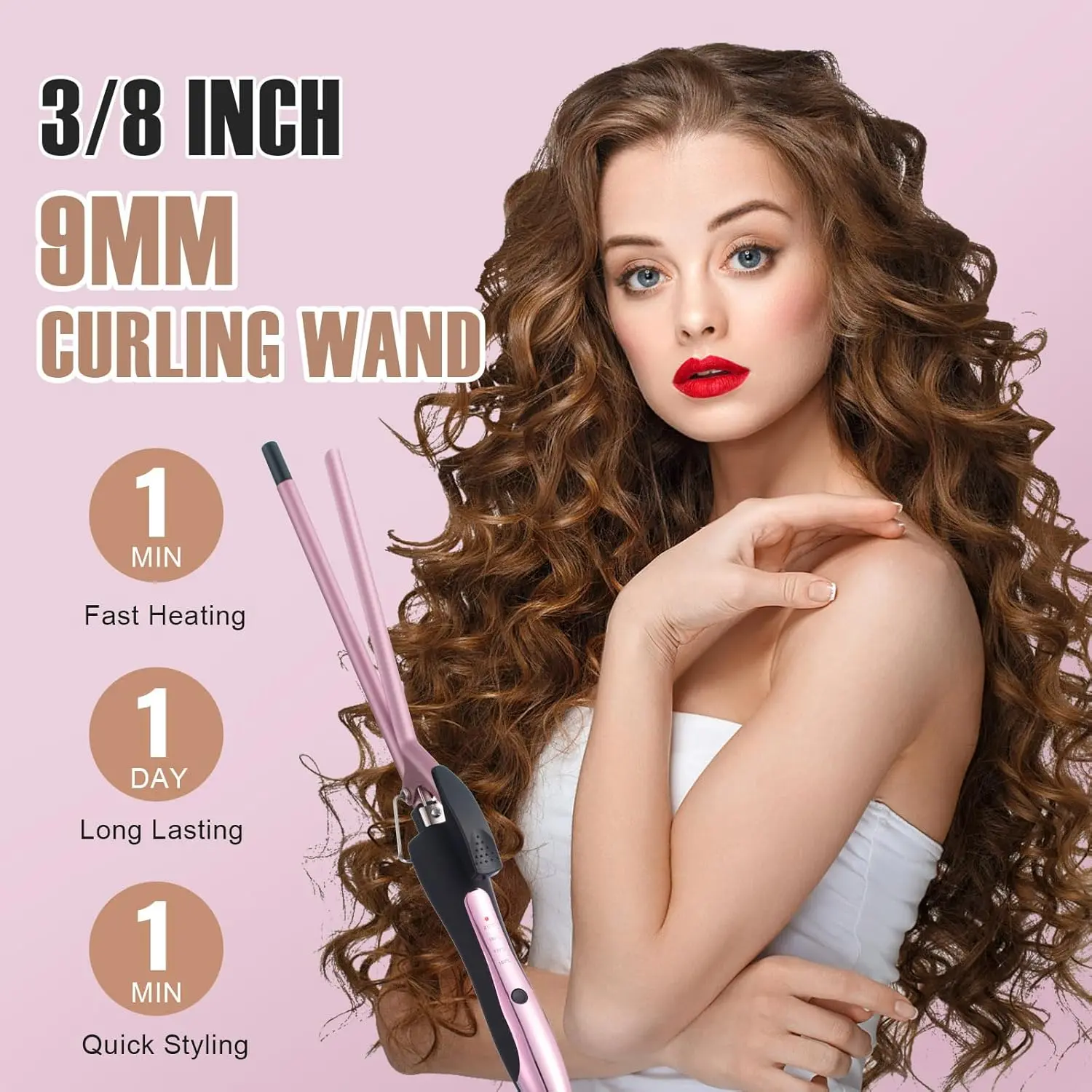9mm Thin Curling Wand for Short & Long Hair, 3/8 Inch Ceramic Barrel for Tight Curls, Fast PTC Heating with Adjustable Temp & Dual Voltage, Curly Hair, Youth, 4 Temperature Settings, 60-Minute Auto Shutdown, Volume Boost, Salon, 150℃ To 210℃, Fast Heat, 1