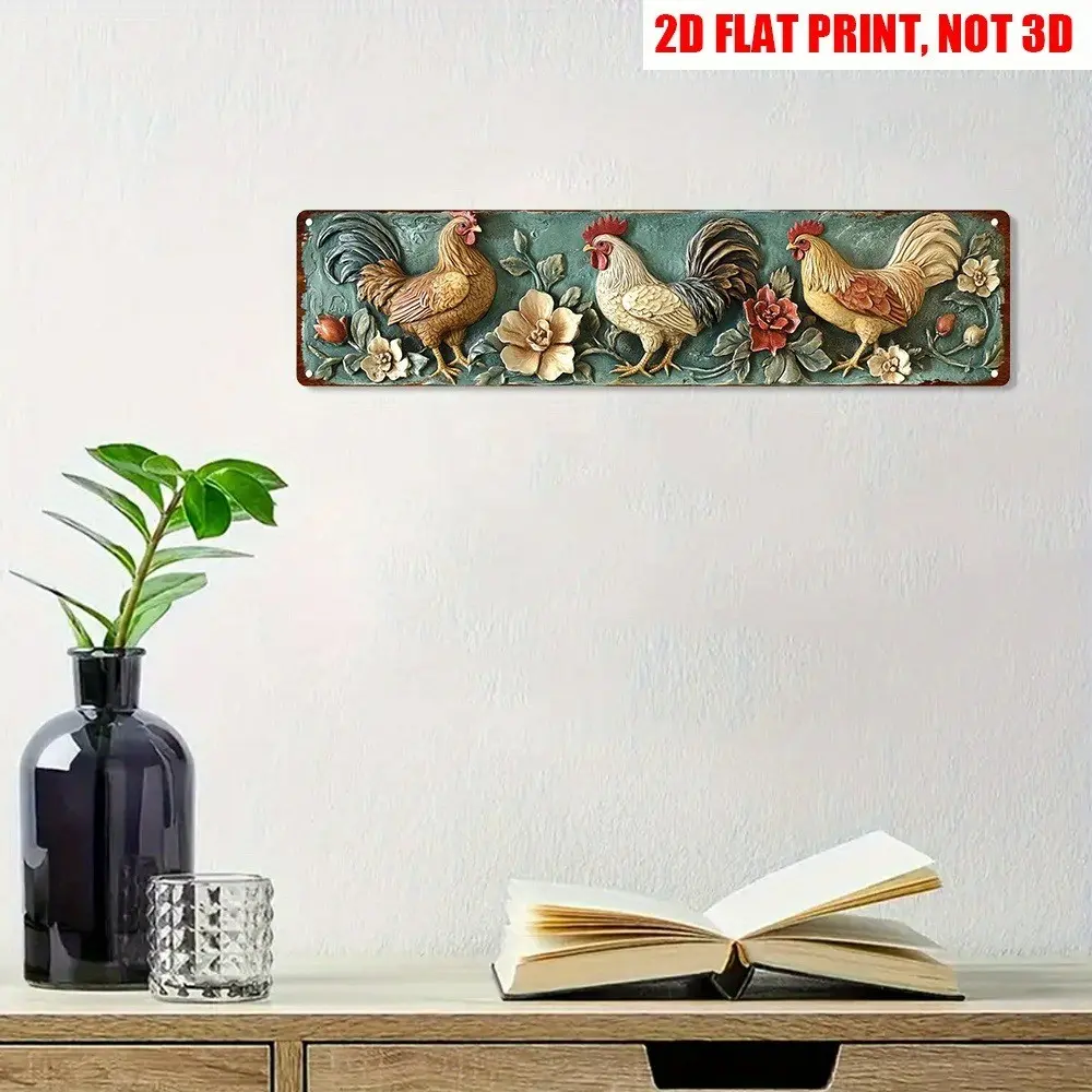 Vintage Rooster Graphic Tin Metal Decorative Sign - Non-Toxic, Fade-Resistant, Long-Lasting Farmhouse Wall Art Plaque, Rural Decor, Durable Iron Piece with Pre-Drilled Holes, Round Tips, No Electricity Needed, Easy-Hang Hangable Christmas Gift
