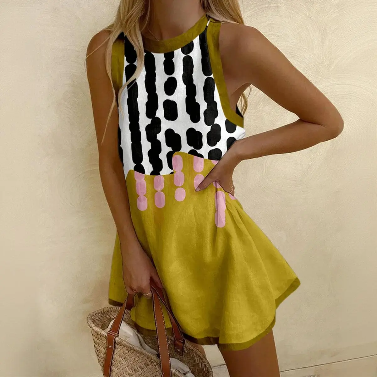 Geometric print mini dress perfect for summer vacations. Vibrant color blocking, breathable and with a nice drape. Sizes S-5XL