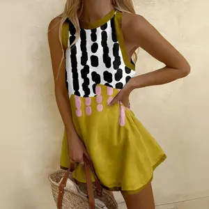 Geometric print mini dress perfect for summer vacations. Vibrant color blocking, breathable and with a nice drape. Sizes S-5XL