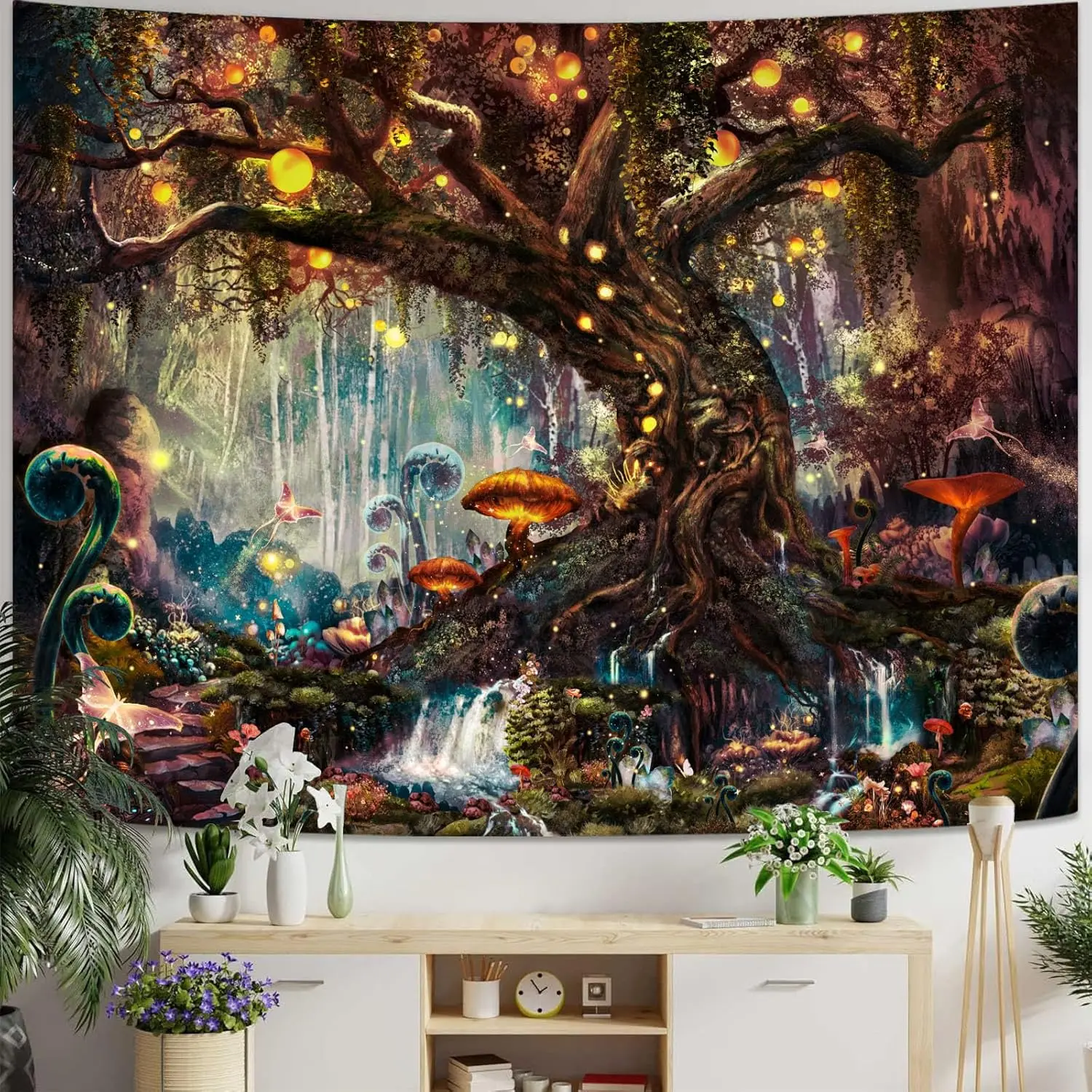 Red Fairy Tales Magical Forest Wall Tapestry - Nature Tree of Life with Elves Landscape, Durable Decorative Tapestry for Home Bedroom Decor, Room Art Decorating Living Room Walls