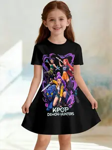 Girls' 3D Dress, Base K-Pop Demon Hunters Anime Full Print, Perfect for Parties, Festive Gifts, Birthday Presents