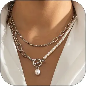 Gold Necklace Stack Layered Necklaces for Women Trendy Cuban Pearl Herringbone Snake Paperclip Chain Necklaces Set Boho Summer Beach Jewelry