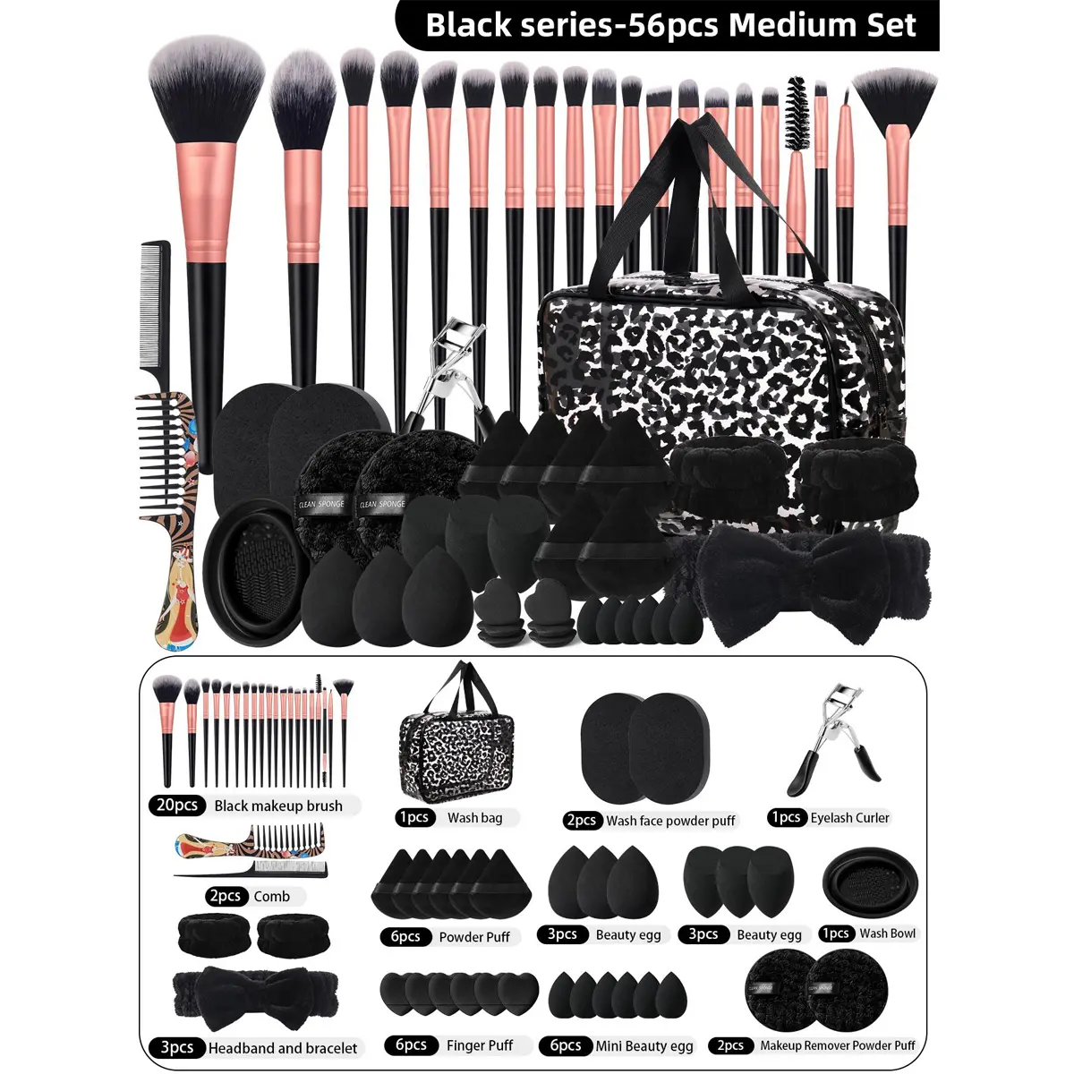 56-Piece Makeup Brush Set with Storage Bag, Sponges, Puffs, Eyelash Curler, Brush Cleaner, Waterproof Storage Bag for Daily Smooth Flawless Application