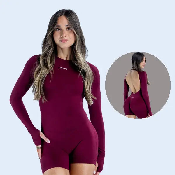 (With Logo) DFYNE Women's Seamless 1-Piece Workout Romper, Long Sleeve Open Back Bodysuit with Thumb Holes, Breathable Athletic Jumpsuit for Gym, One Piece