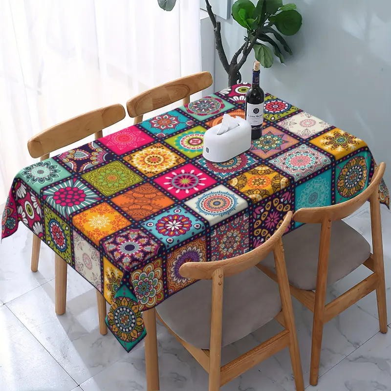 1pc 100% Polyester Rectangle Outdoor Dining Tablecloth - Mandala Colorful Print, Bohemian Look, Festive Decor for Party, Patio Outdoor Furniture Accessory