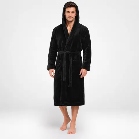 NY Threads Hooded Bath Robe Men - Long Plush Fleece Bathrobe with Hood for Lounging, After Shower and Bedtime, Soft Fluffy Warm Loungewear with Adjustable Waist Belt and 2 Front Pockets