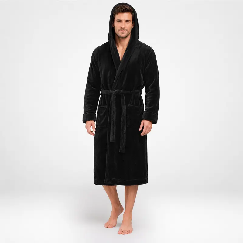 NY Threads Hooded Bath Robe Men - Long Plush Fleece Bathrobe with Hood for Lounging, After Shower and Bedtime, Soft Fluffy Warm Loungewear with Adjustable Waist Belt and 2 Front Pockets