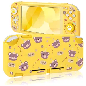 D.Lseego Protective Case Suitable for Switch Lite Console 2019, PC Hard Shell Anti-Slip Shock-Absorption Bear Protective Games Case Accessories with 2 PCS Cute Cat Paw Thumb Grips Caps-Yellow 1