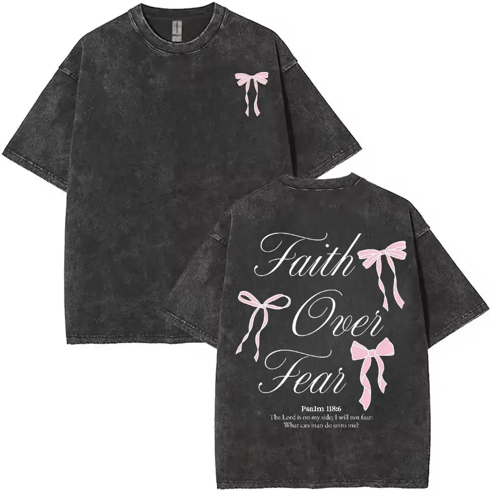 Men's Unisex Vintage Washed Christian Faith Over Fear Tshirt - 100% Cotton Breathable Lightweight Fabric Short Sleeve Graphic Top for Casual Everyday Wear, Shortsleeve