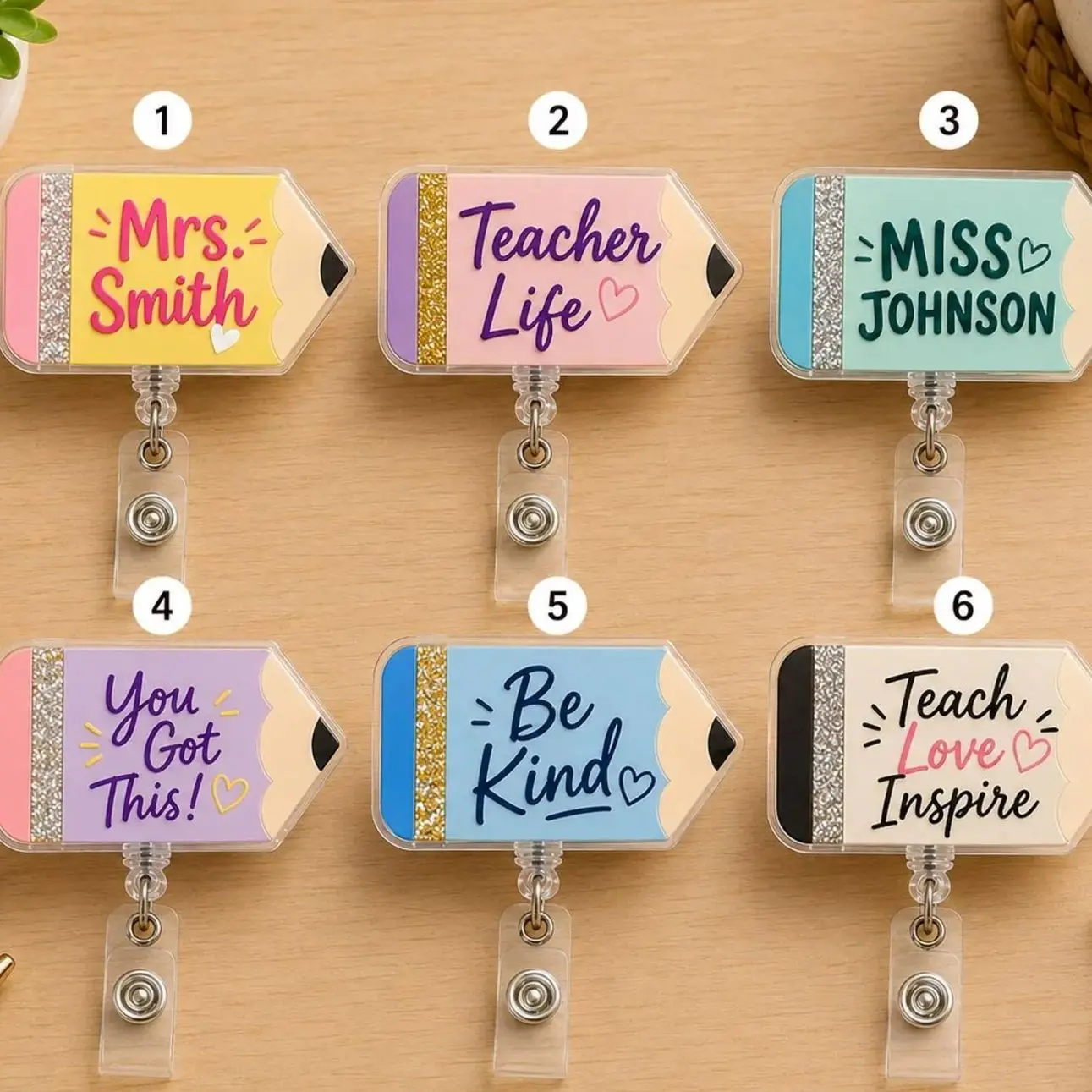 Buy 5 Get 1 Free Personalized Teacher Badge Reel, Custom Name Pencil Badge Holder