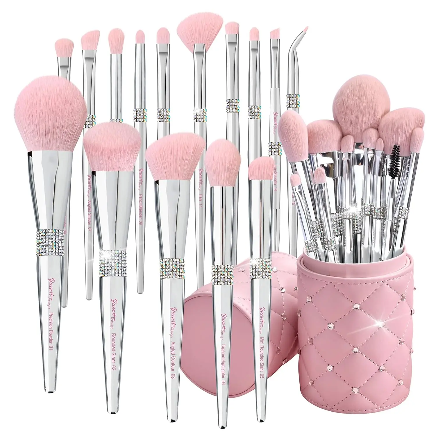Valentine's Day Design Elegant pink Ultra soft labeled Makeup Brushes Sets with Brush Holder makeup brush set with Foundation Powder blush blending contour Brush (15Pcs Silver Pink+Holder)