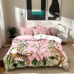3-Piece Polyester Bedding Set (1 Fitted Sheet + 2 Pillowcases), Tiger Stripe Bedroom Guest Room Bedding, Soft Comfortable Gift for Family and Friends, Soft Bedding Sets